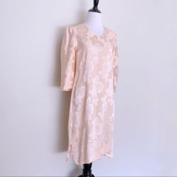 Handmade Vintage Ballet Pink Floral Satin Rose Print Shift Dress XXS/XS - Picture 3 of 8
